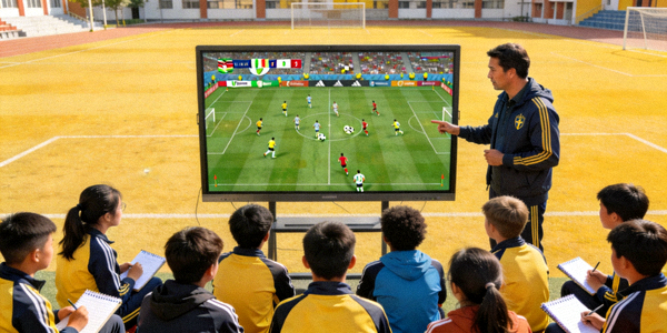 学校体育课上学生们通过大屏幕学习世界杯足球战术